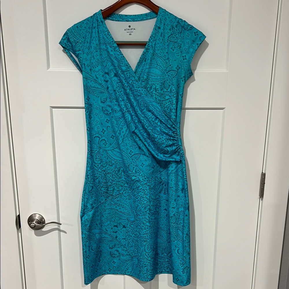 Athleta Blue Ruched Wrap Midi Dress Sz XS